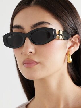 Miu Miu Black Oval-Frame Acetate Sunglasses with Gold Logo